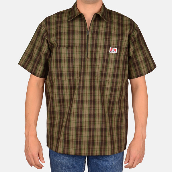 ben davis Short Sleeve Plaid 1/2 Zip Shirt - Olive
