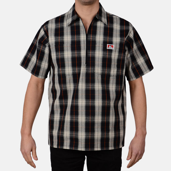 ben davis Short Sleeve Plaid 1/2 Zip Shirt - Black/Cream