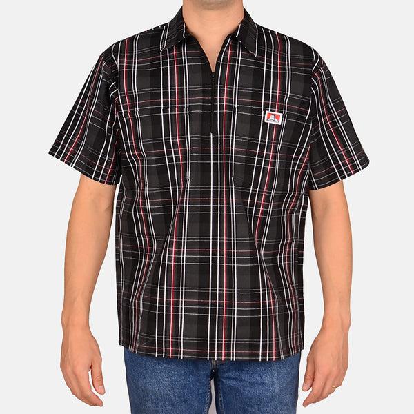 ben davis Short Sleeve Plaid 1/2 Zip Shirt - Black/Red