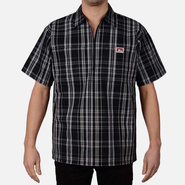ben davis Short Sleeve Plaid 1/2 Zip Shirt - Black/White