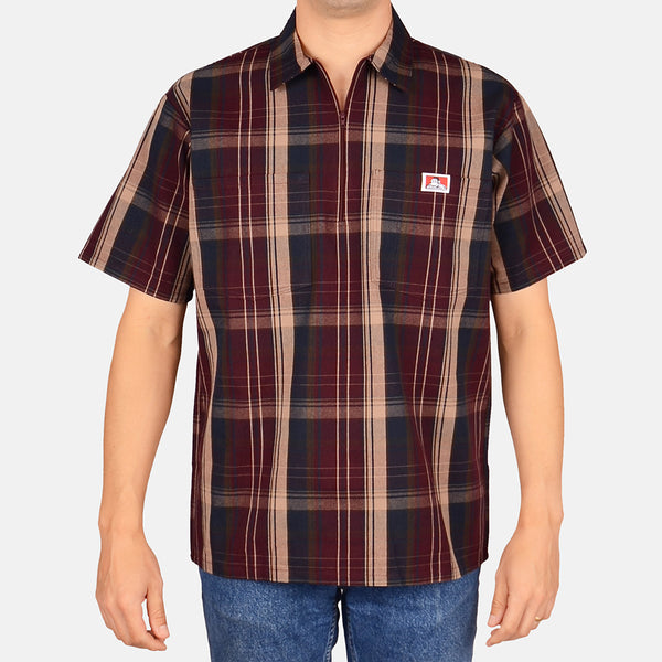 ben davis Short Sleeve Plaid 1/2 Zip Shirt - Burgundy
