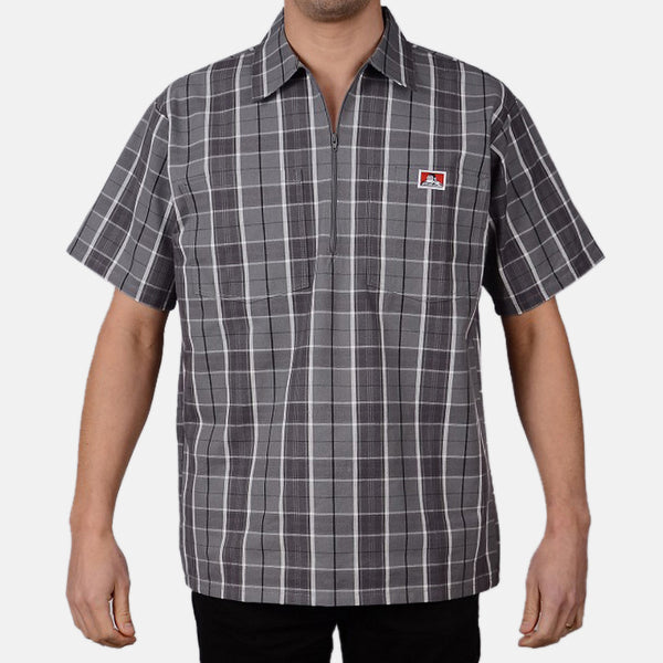 ben davis Short Sleeve Plaid 1/2 Zip Shirt - Grey/Black