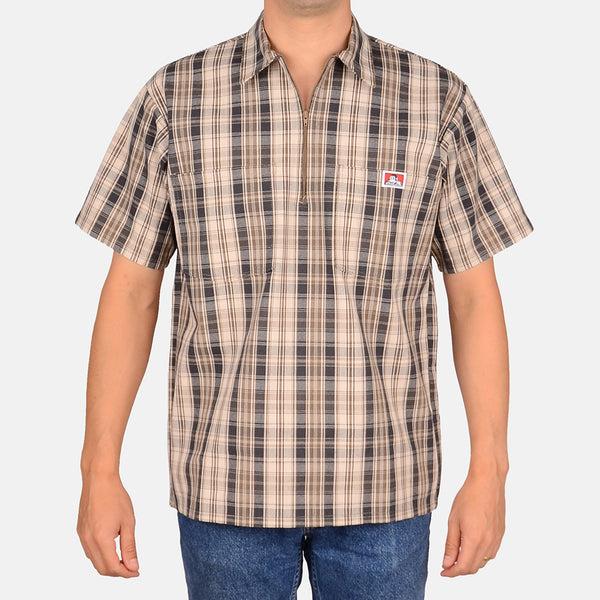 ben davis Short Sleeve Plaid 1/2 Zip Shirt - Khaki/Grey