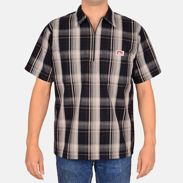 ben davis Short Sleeve Plaid 1/2 Zip Shirt - Navy/Grey