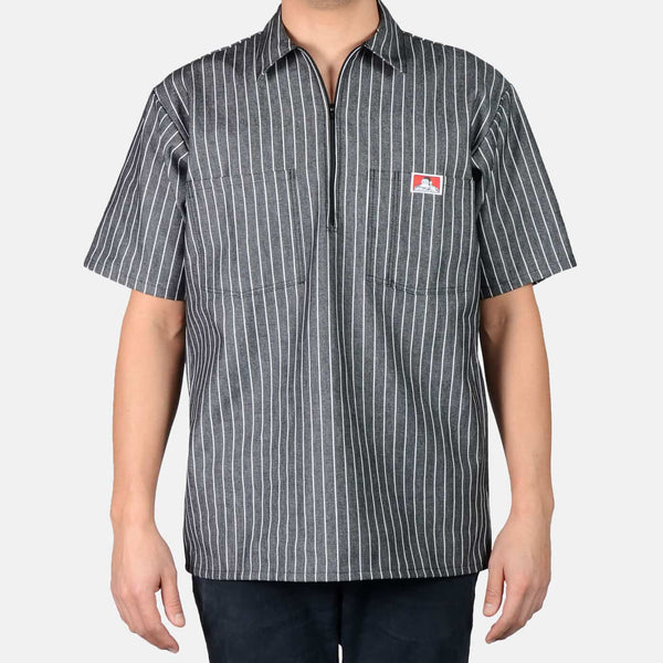 ben davis Short Sleeve Striped 1/2 Zip Shirt - Butcher Stripe