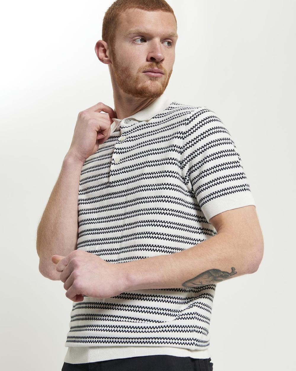 ben sherman Jacquard Stripe Knitted Polo in Ivory