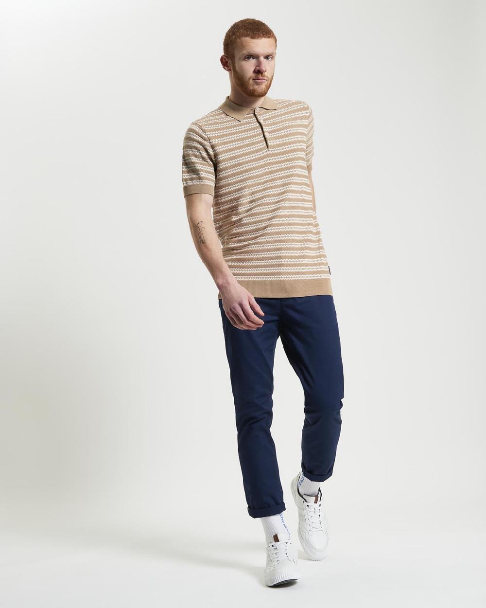 Ben Sherman Jacquard Stripe Knitted Polo In Sand