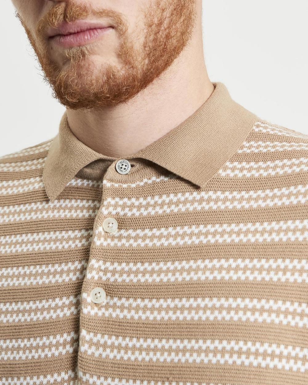 Ben Sherman Jacquard Stripe Knitted Polo In Sand
