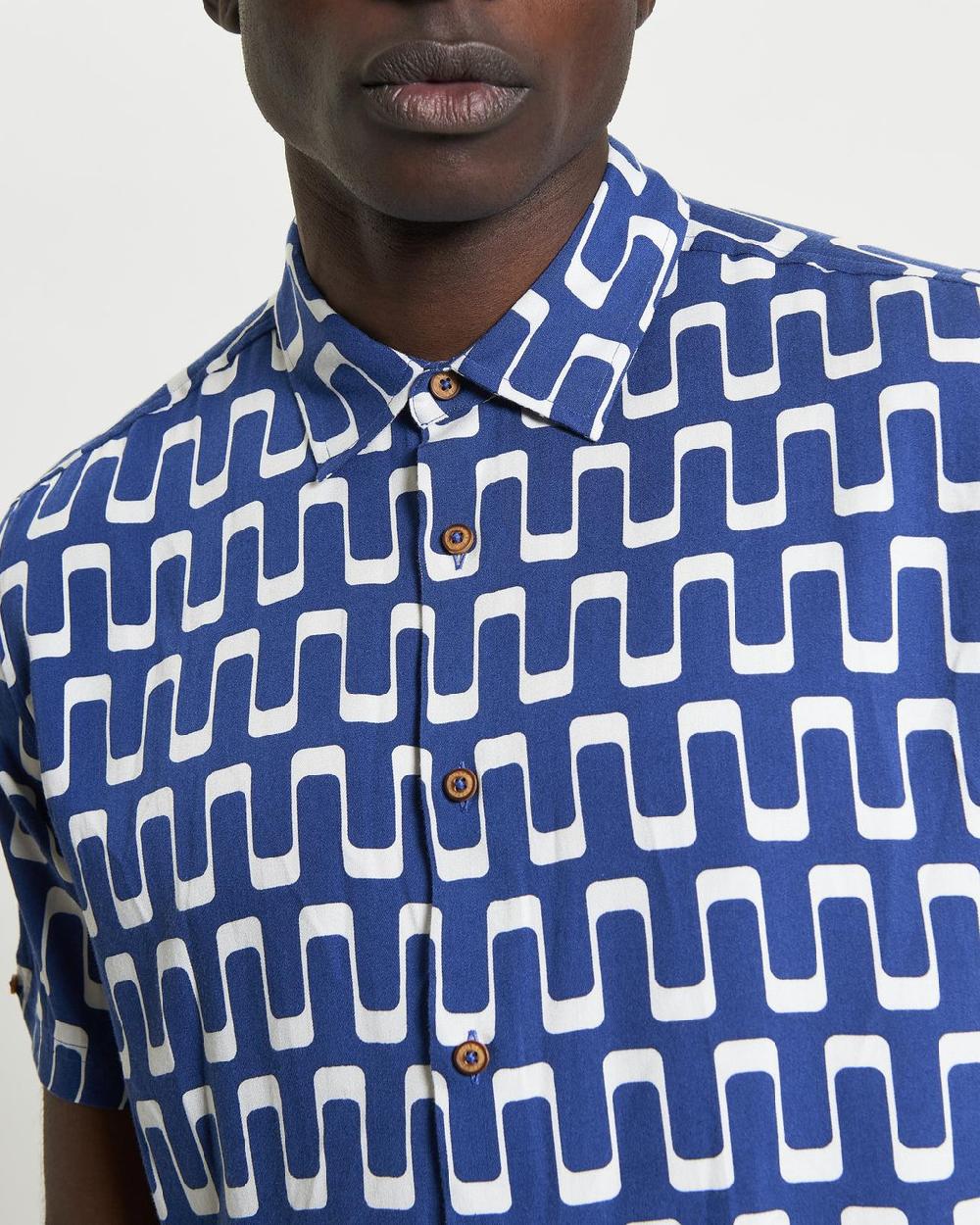 Ben Sherman Short Sleeve Jazz Print Shirt In Royal