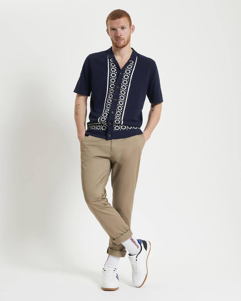 Ben Sherman Floral Border Resort Knitted Shirt In Dark Navy