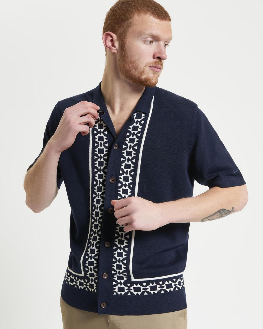 ben sherman Floral Border Resort Knitted Shirt in Dark Navy