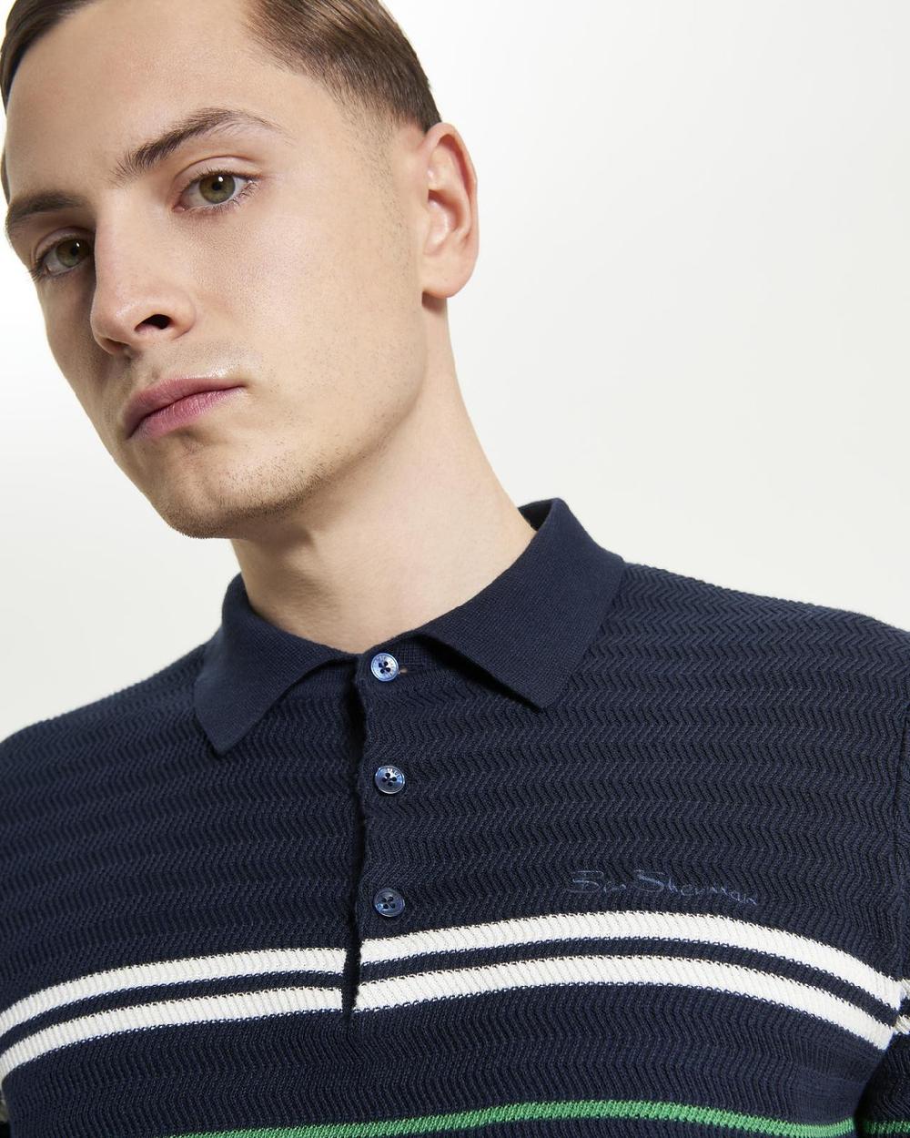 Ben Sherman Herringbone Stripe Knitted Polo In Dark Navy