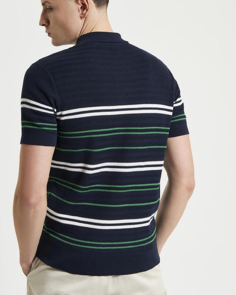 Ben Sherman Herringbone Stripe Knitted Polo In Dark Navy