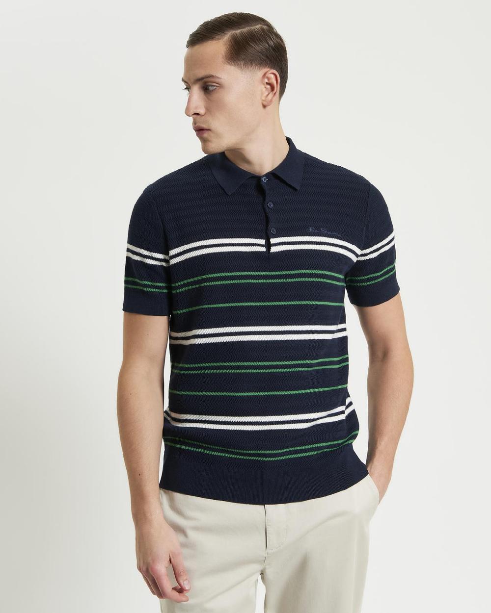 ben sherman Herringbone Stripe Knitted Polo in Dark Navy