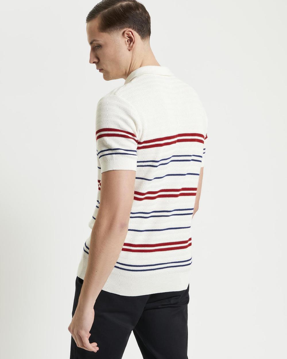 Ben Sherman Herringbone Stripe Knitted Polo In Ivory