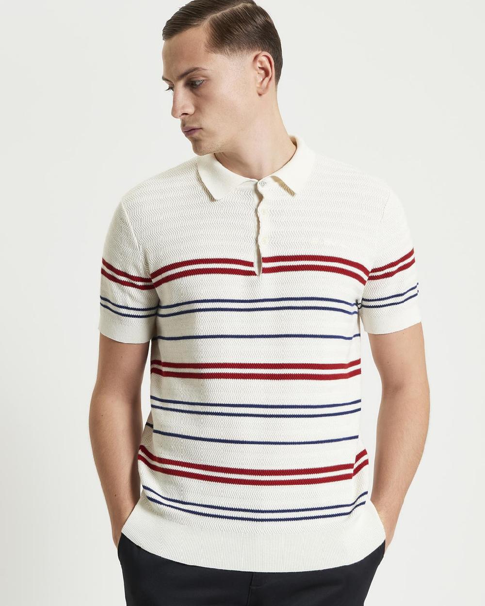 ben sherman Herringbone Stripe Knitted Polo in Ivory