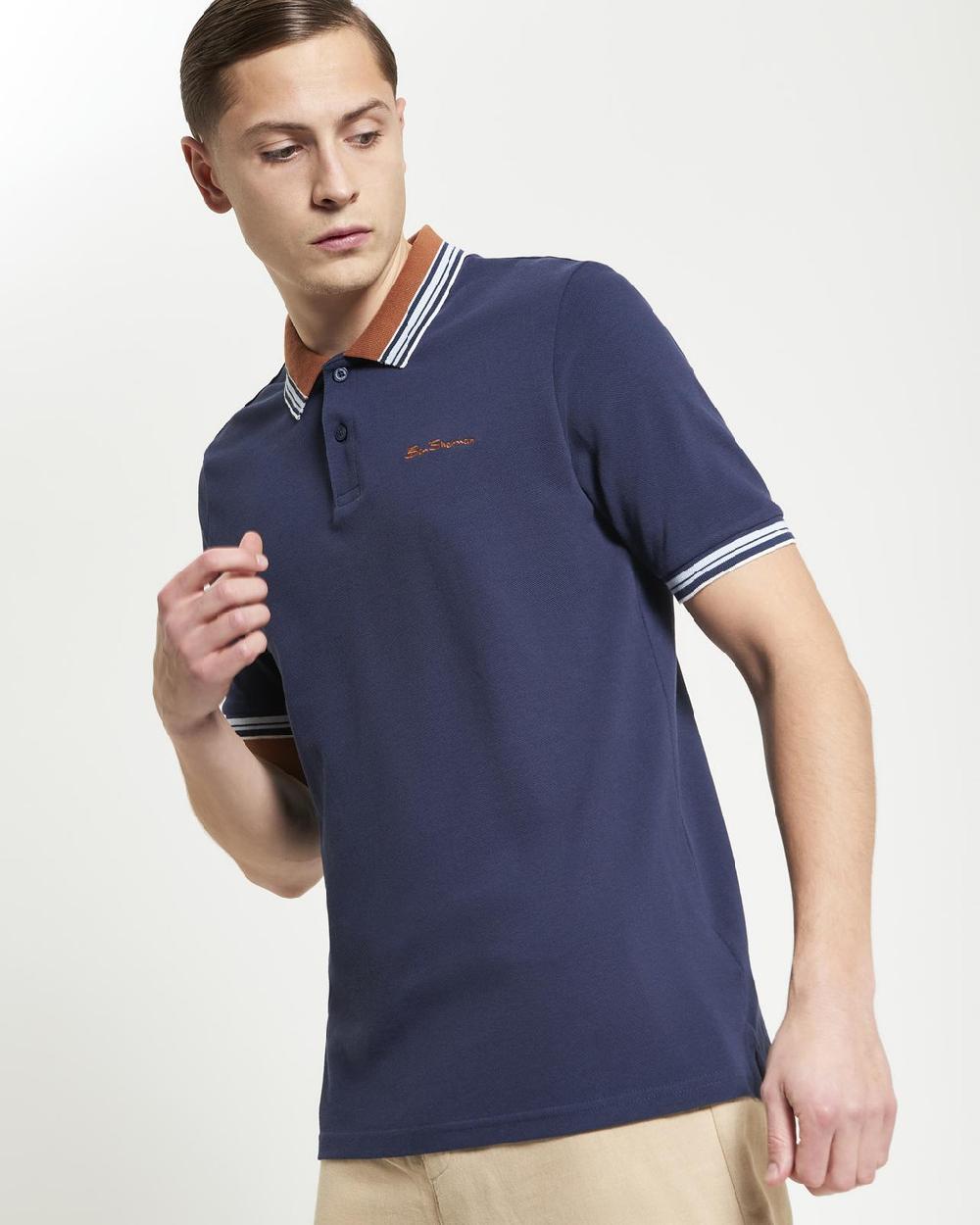 ben sherman House Collar Contrast Stripe Tipped Polo in Dark Navy