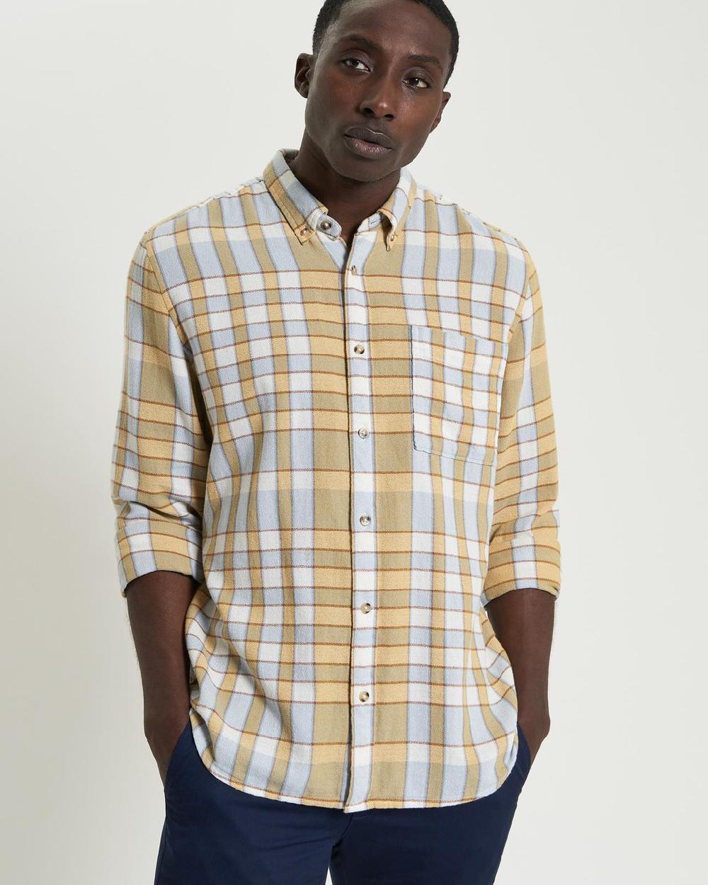 Ben Sherman Long Sleeve Crepe Check Shirt In Dusky Blue