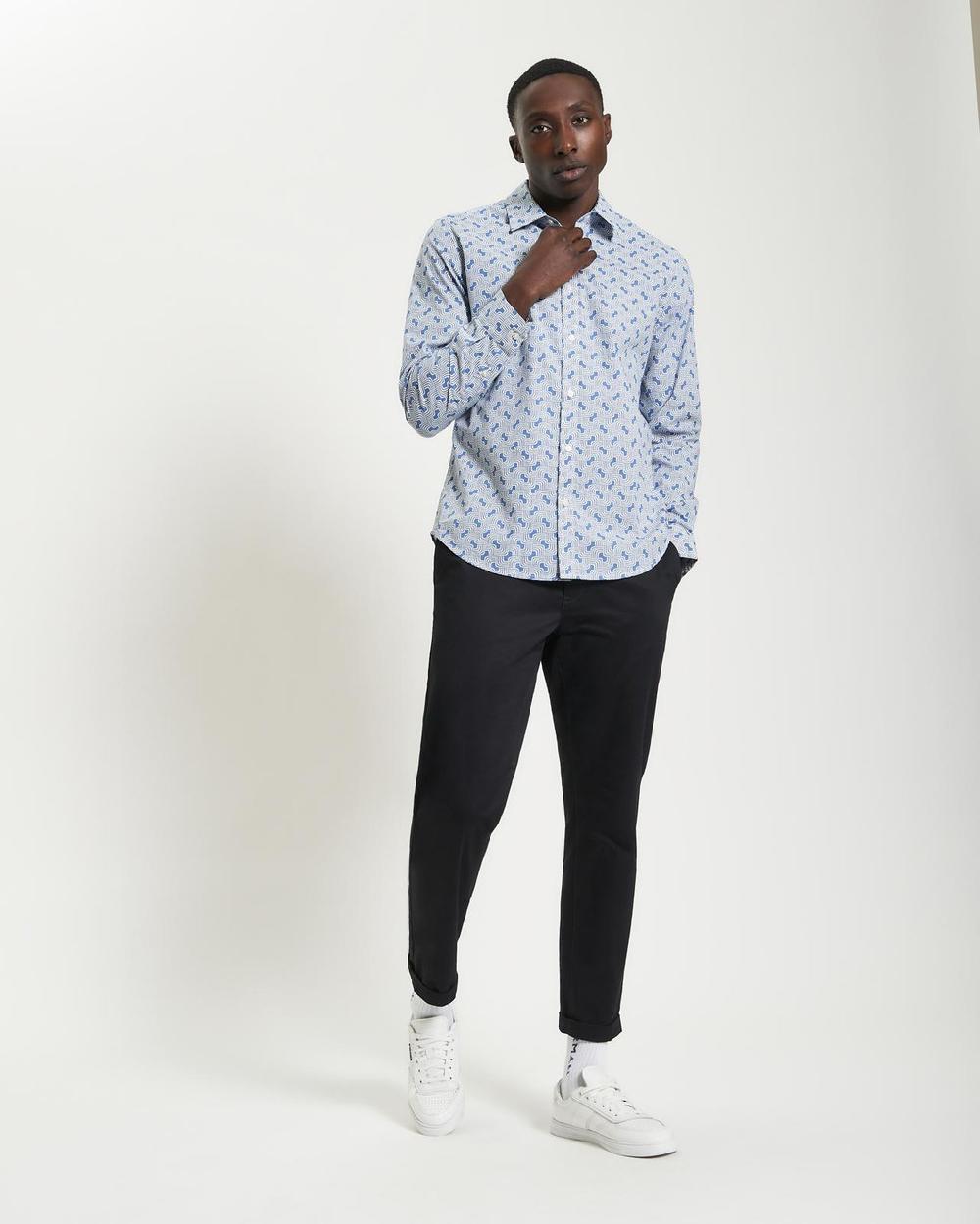 Ben Sherman Long Sleeve Linear Print Shirt In Airforce
