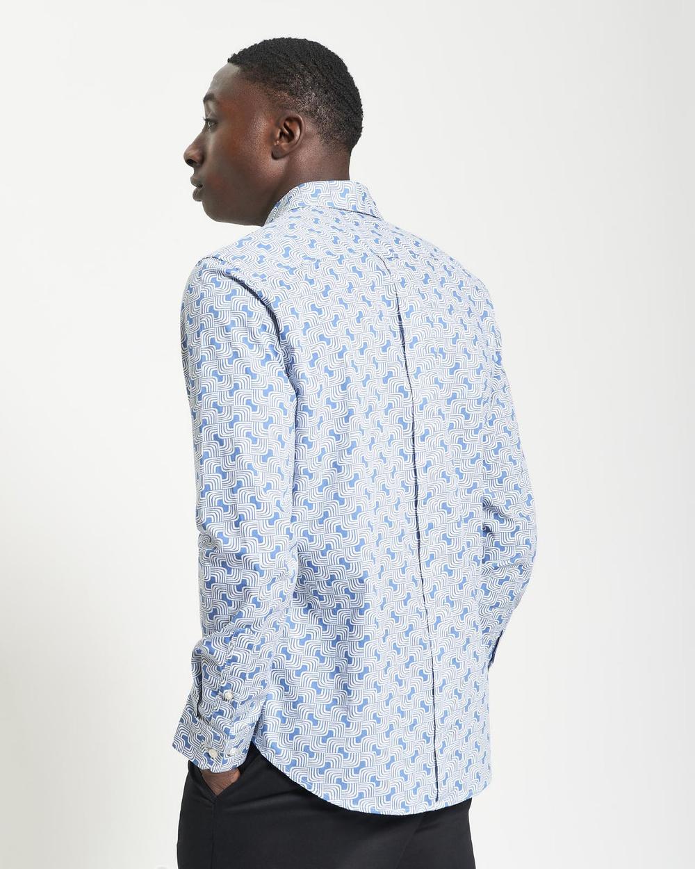 Ben Sherman Long Sleeve Linear Print Shirt In Airforce