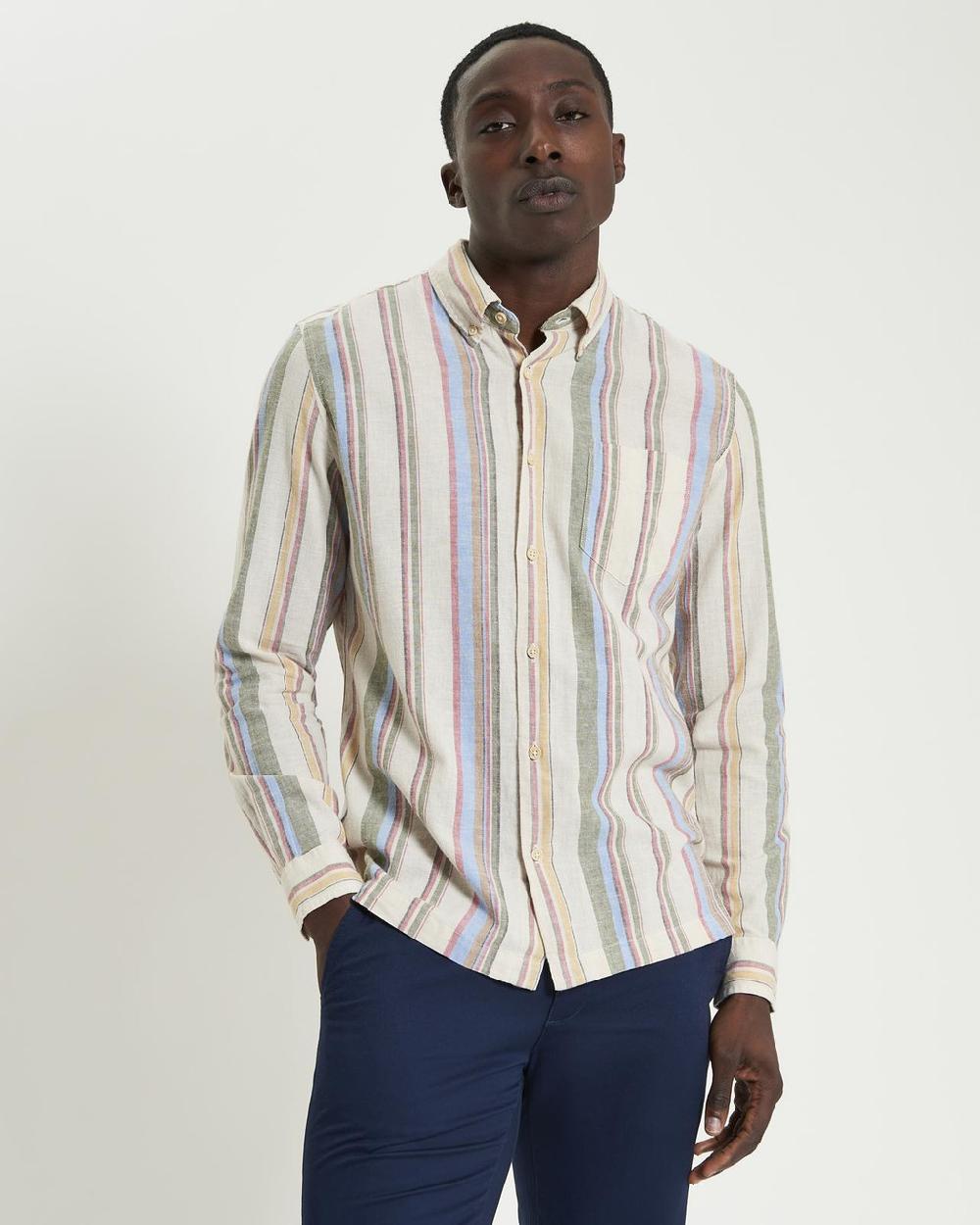 Ben Sherman Long Sleeve Stripe Linen Blend Shirt In Fog