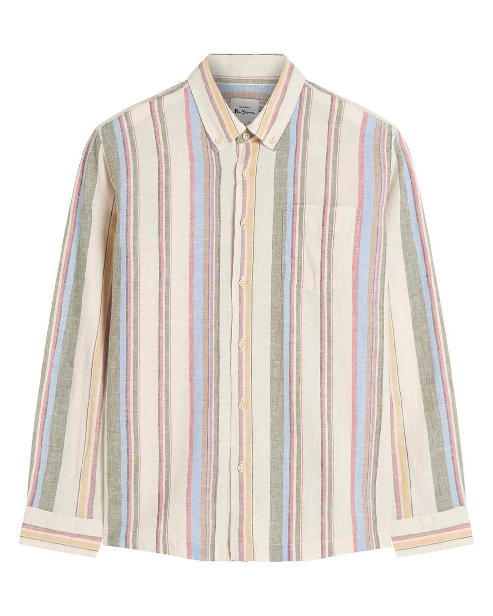 Ben Sherman Long Sleeve Stripe Linen Blend Shirt In Fog