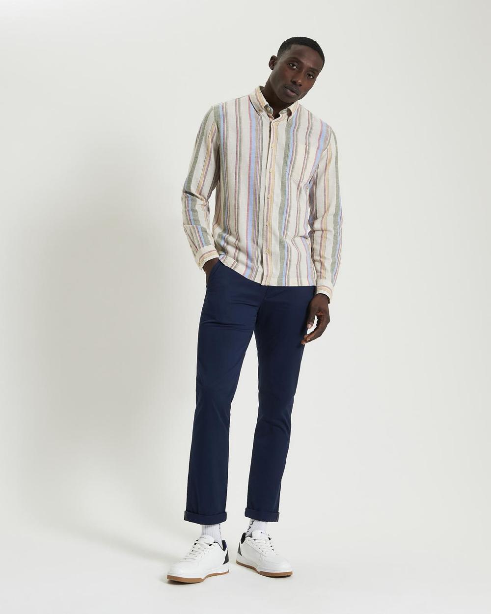 ben sherman Long Sleeve Stripe Linen Blend Shirt in Fog