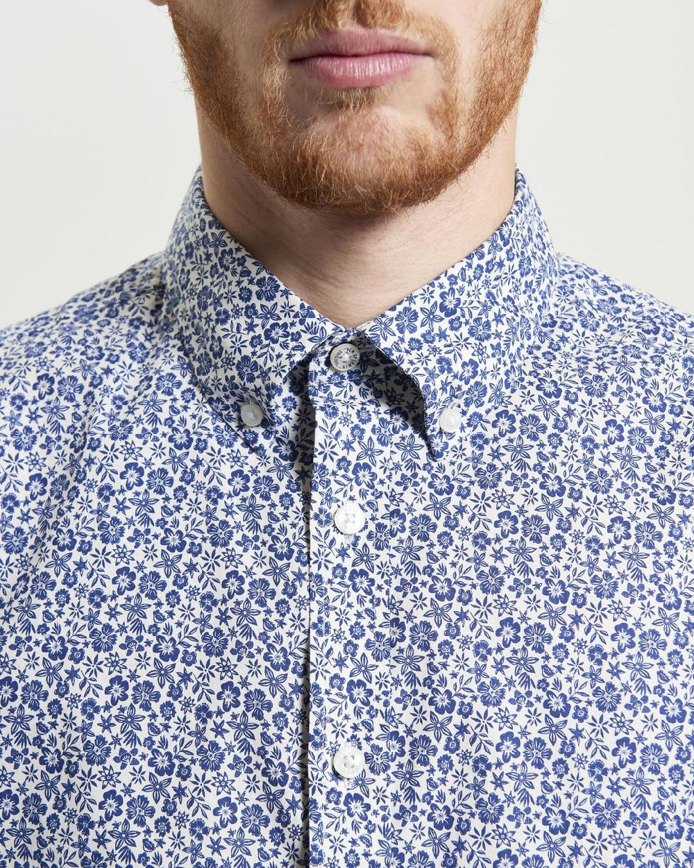 Ben Sherman Mono Floral Print Organic Cotton Shirt In Ivory