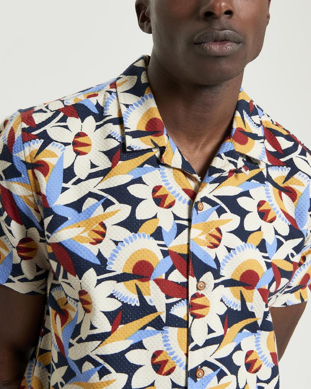 Ben Sherman Short Sleeve Abstract Floral Shirt In Dark Navy