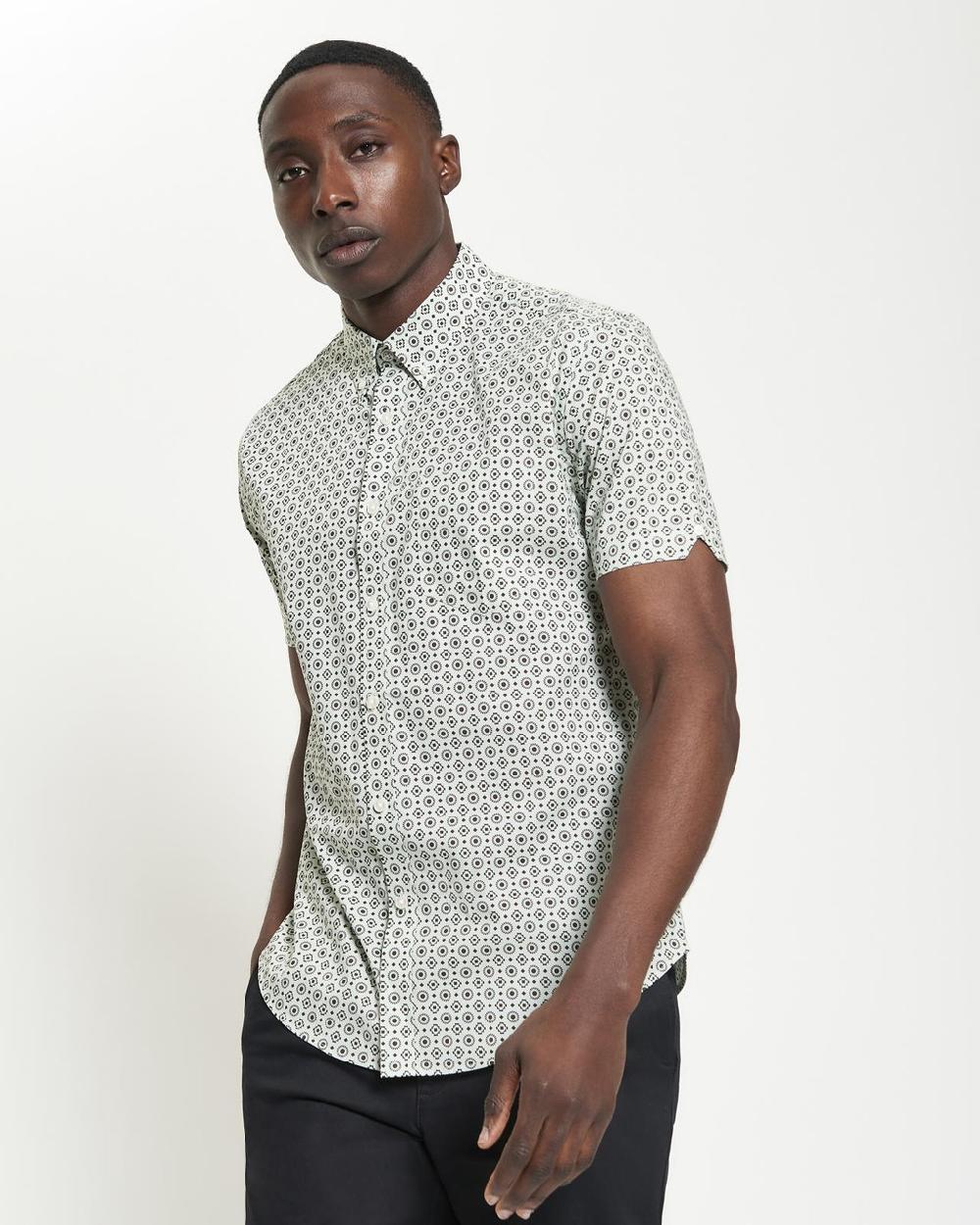 Ben Sherman Short Sleeve Block Geo Print Shirt In Light Green