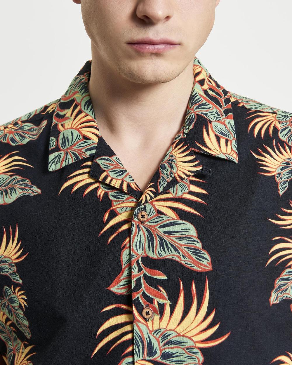 Ben Sherman Short Sleeve Botanical Leaf Print Shirt In Black