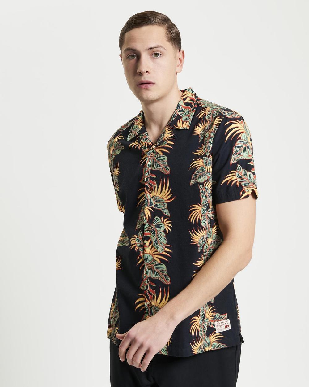 Ben Sherman Short Sleeve Botanical Leaf Print Shirt In Black