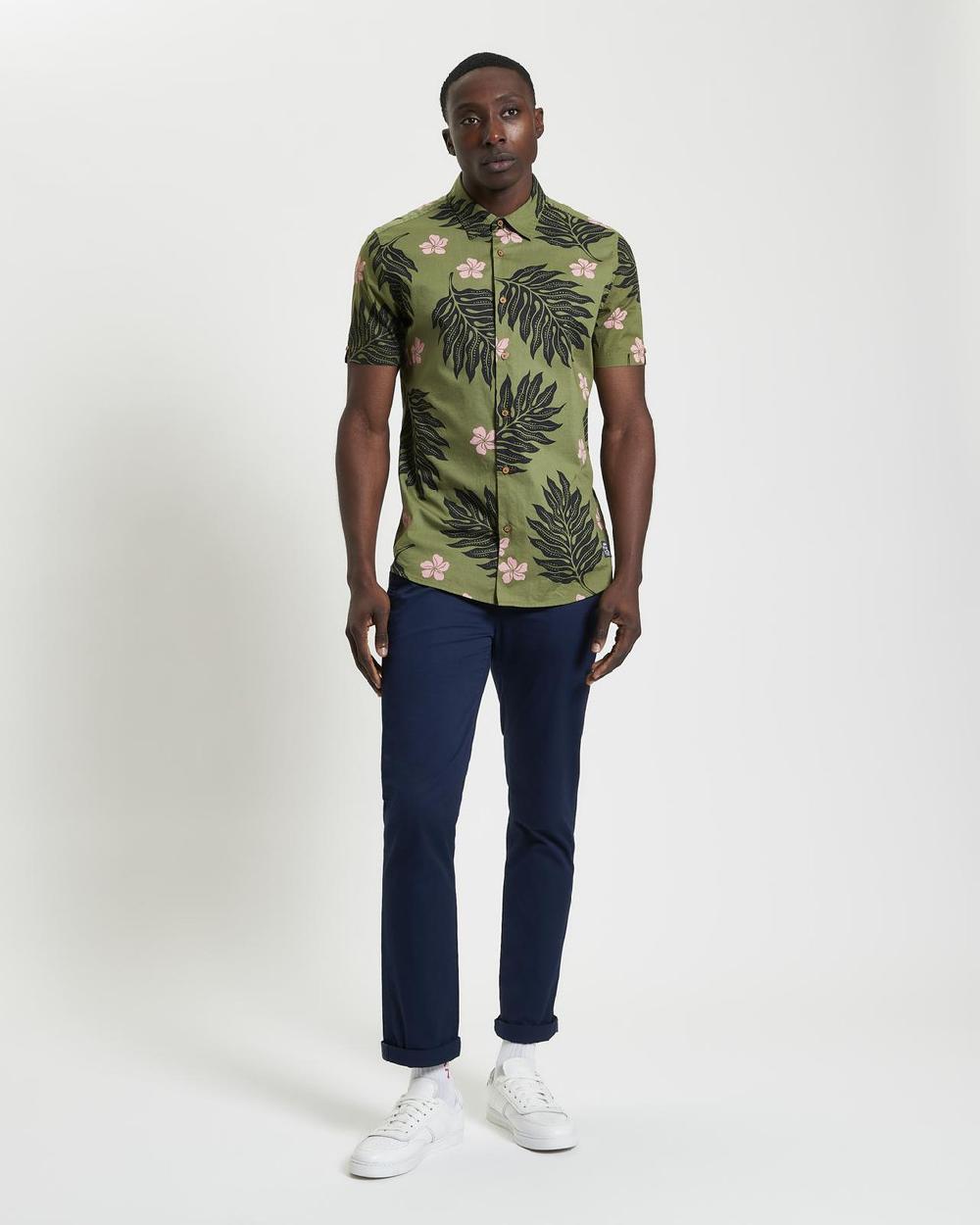 Ben Sherman Short Sleeve Botanical Print Shirt In Olive