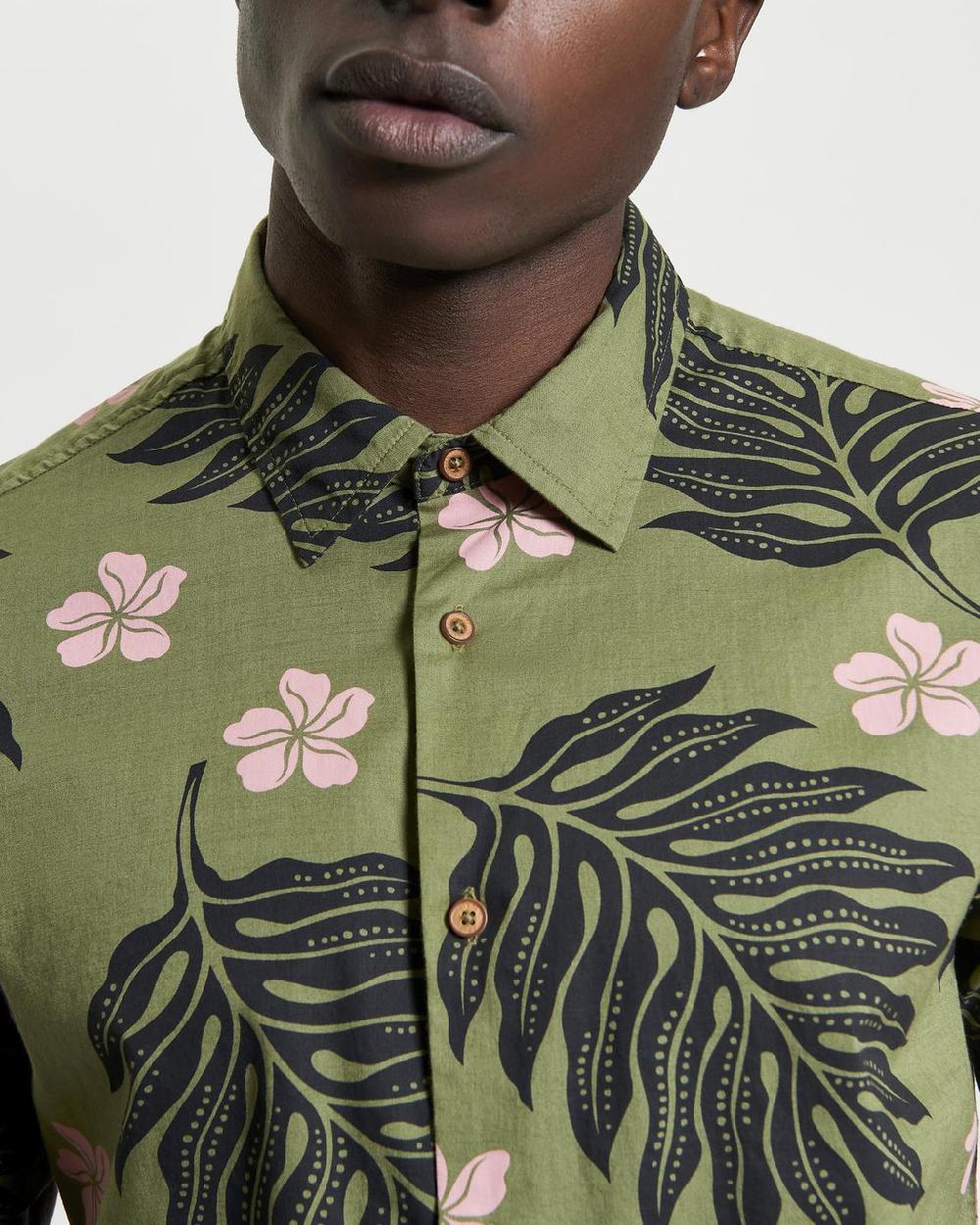 Ben Sherman Short Sleeve Botanical Print Shirt In Olive