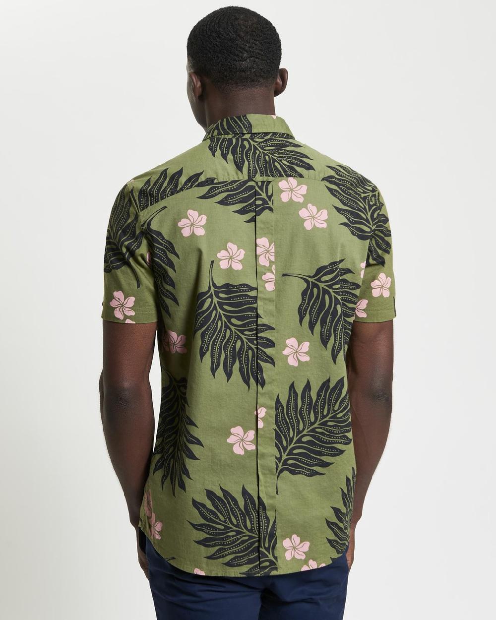 Ben Sherman Short Sleeve Botanical Print Shirt In Olive