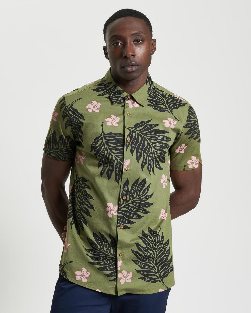 ben sherman Short Sleeve Botanical Print Shirt in Olive