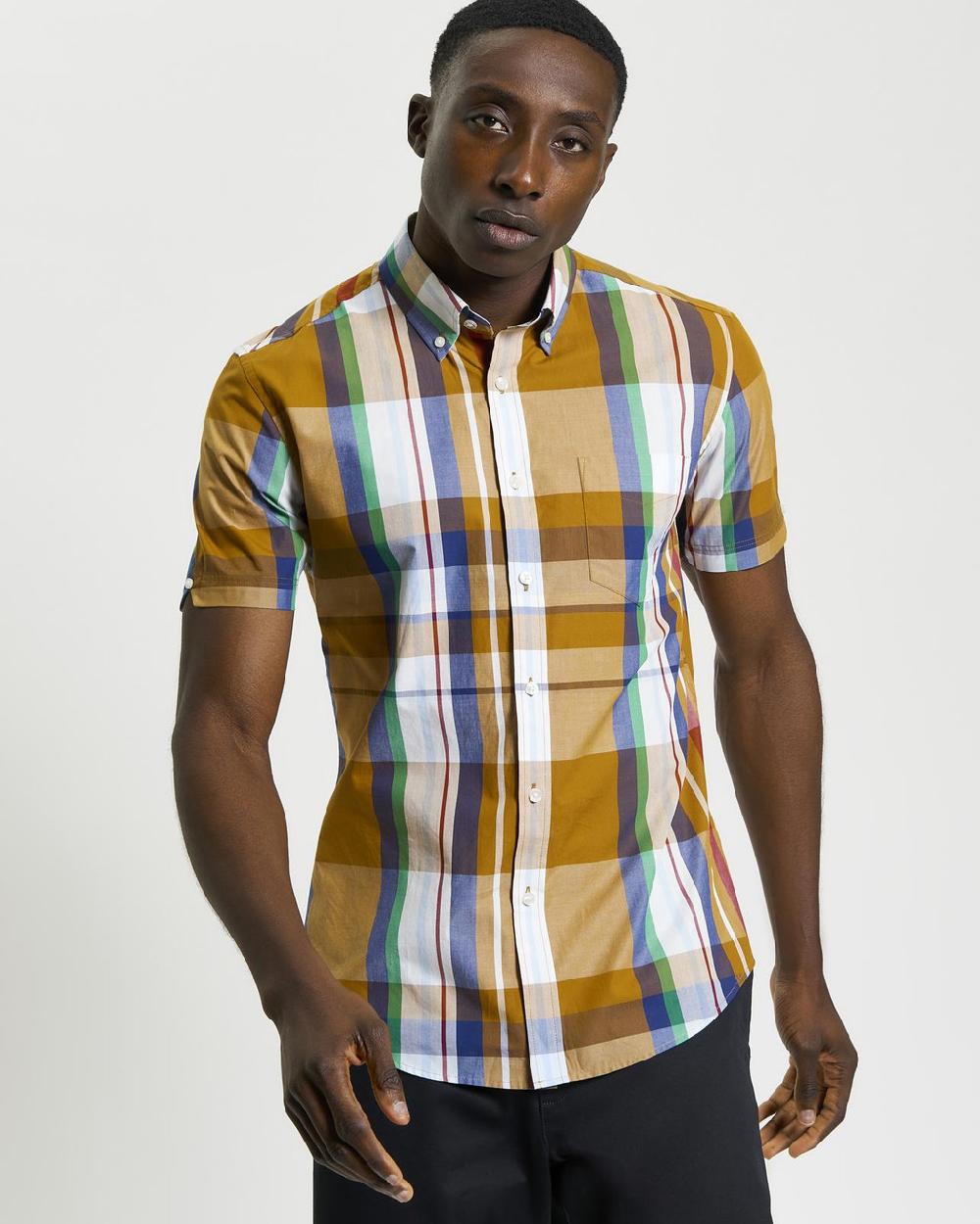 Ben Sherman Short Sleeve Large Madras Check Shirt In Caramel
