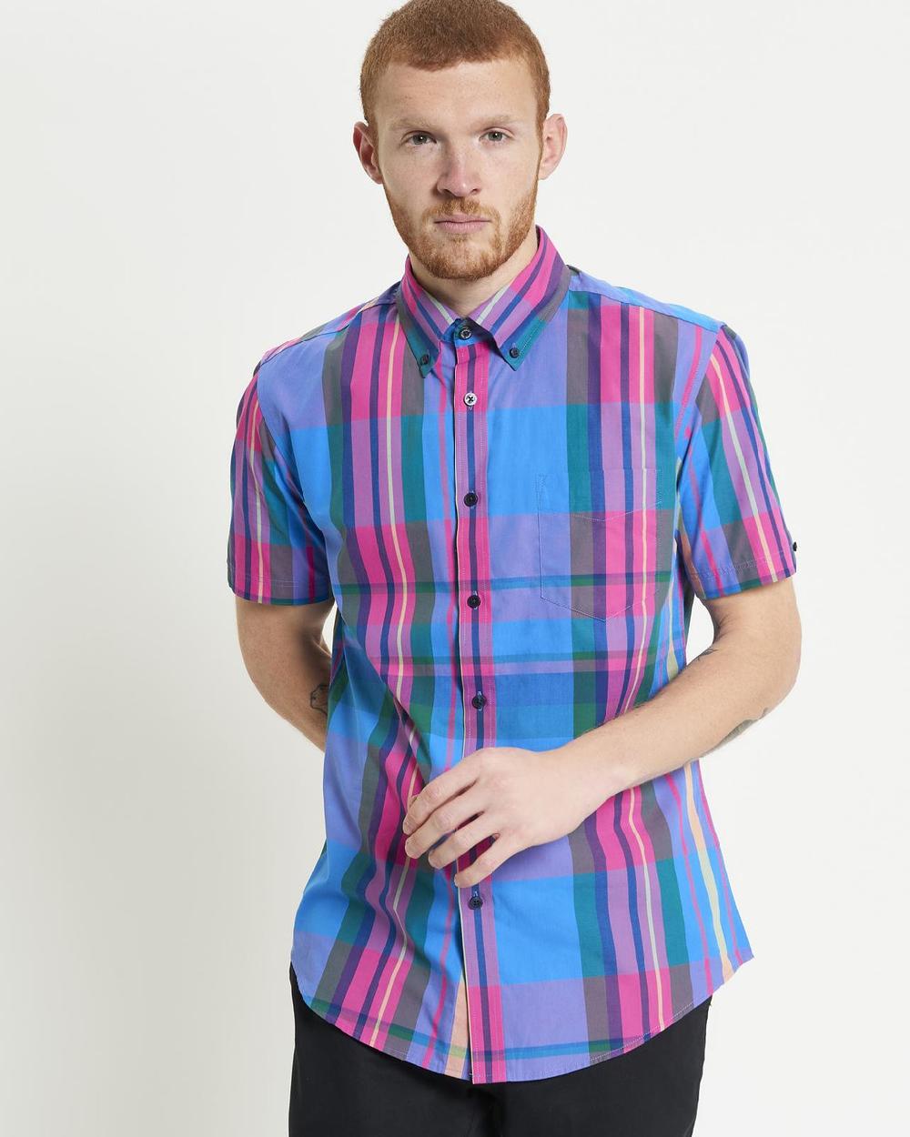 Ben Sherman Short Sleeve Large Madras Check Shirt In Kingfisher