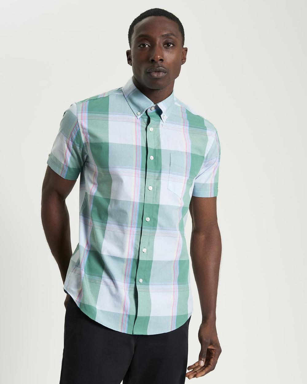 Ben Sherman Short Sleeve Multicolour Overcheck Shirt In Forest