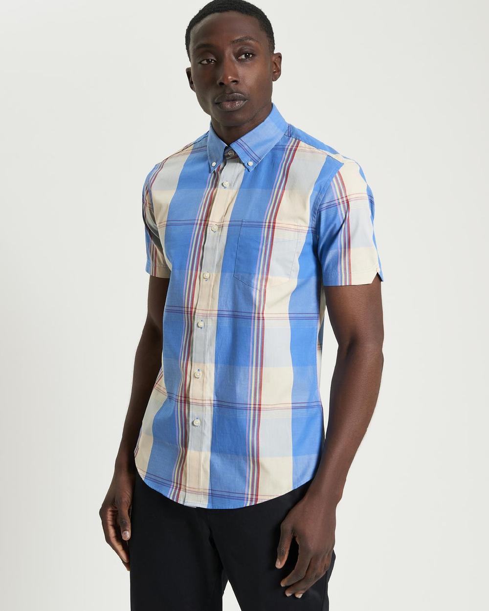 Ben Sherman Short Sleeve Multicolour Overcheck Shirt In Kingfisher