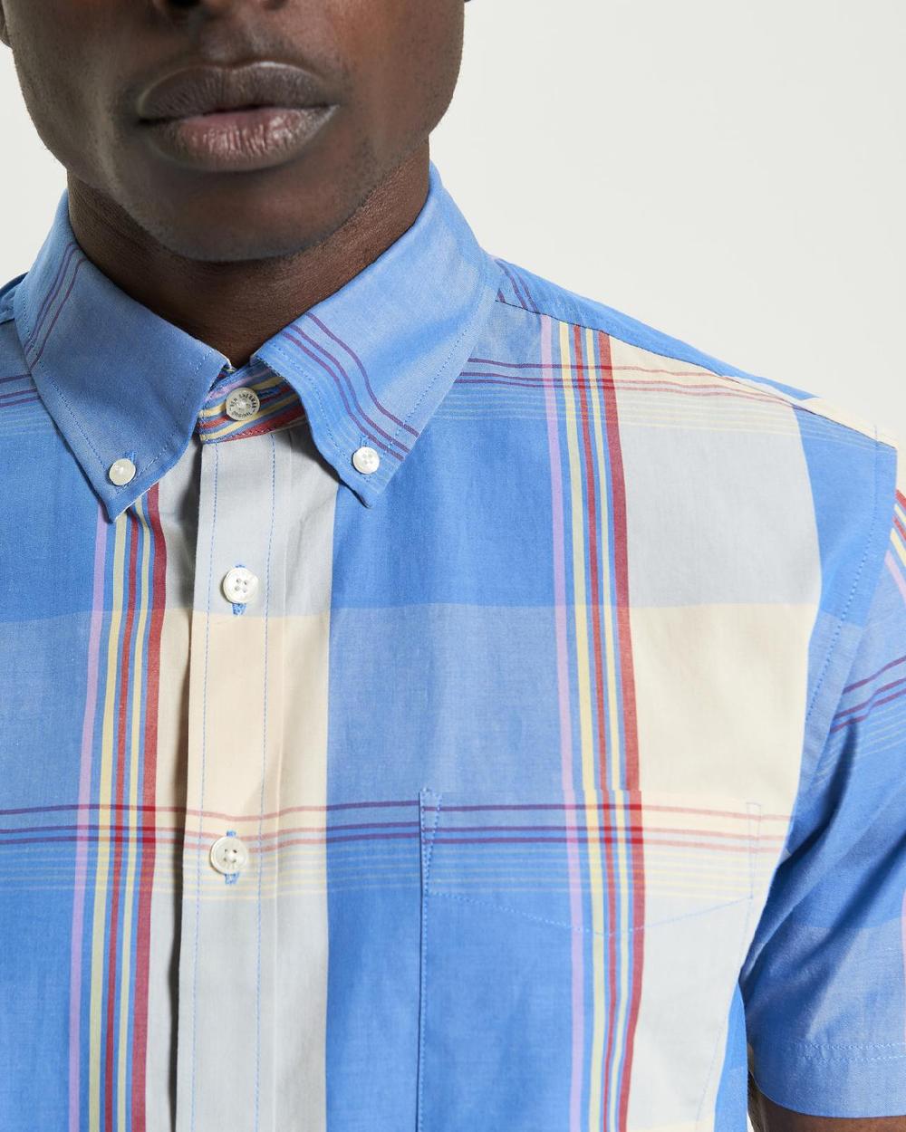 Ben Sherman Short Sleeve Multicolour Overcheck Shirt In Kingfisher