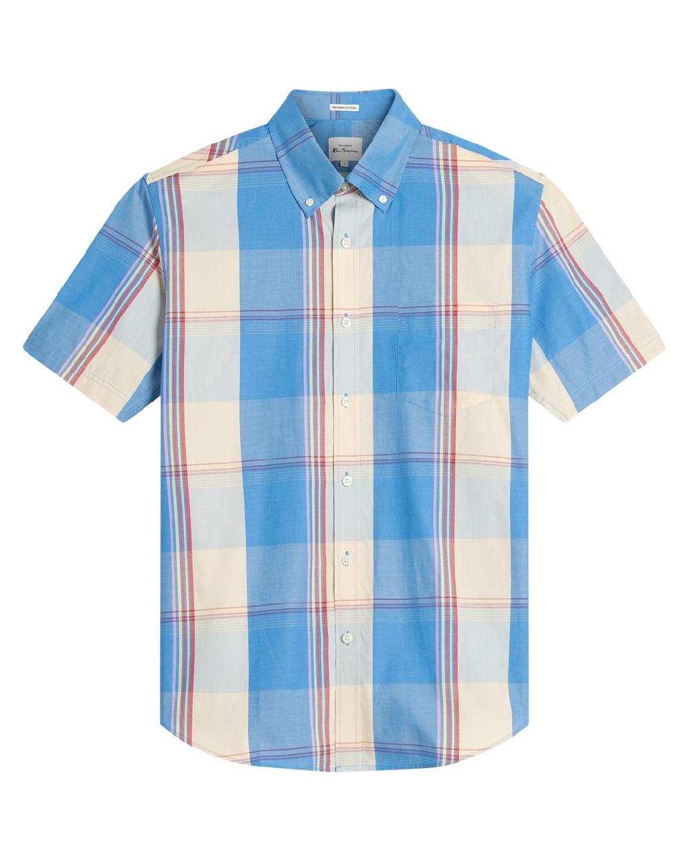 Ben Sherman Short Sleeve Multicolour Overcheck Shirt In Kingfisher