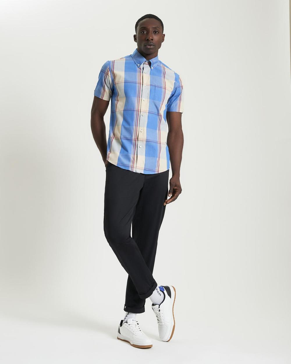ben sherman Short Sleeve Multicolour Overcheck Shirt in Kingfisher