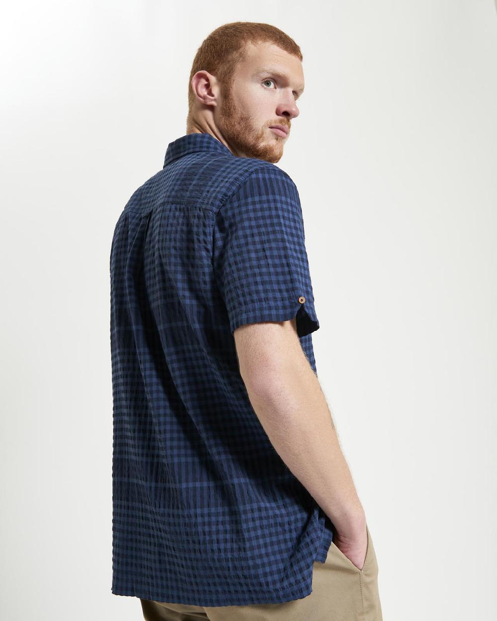 Ben Sherman Short Sleeve Seersucker Gingham Shirt In Dark Navy