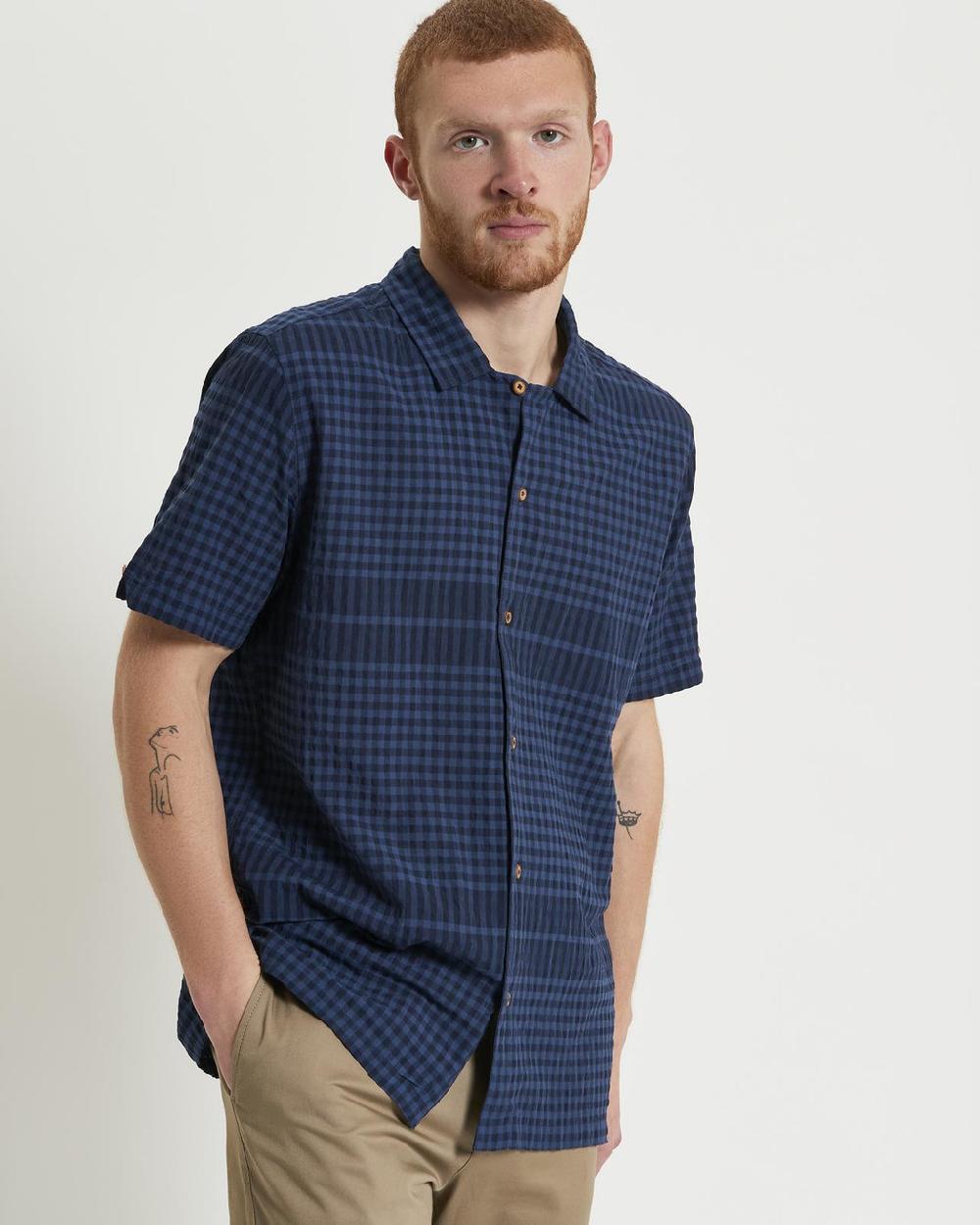 ben sherman Short Sleeve Seersucker Gingham Shirt in Dark Navy
