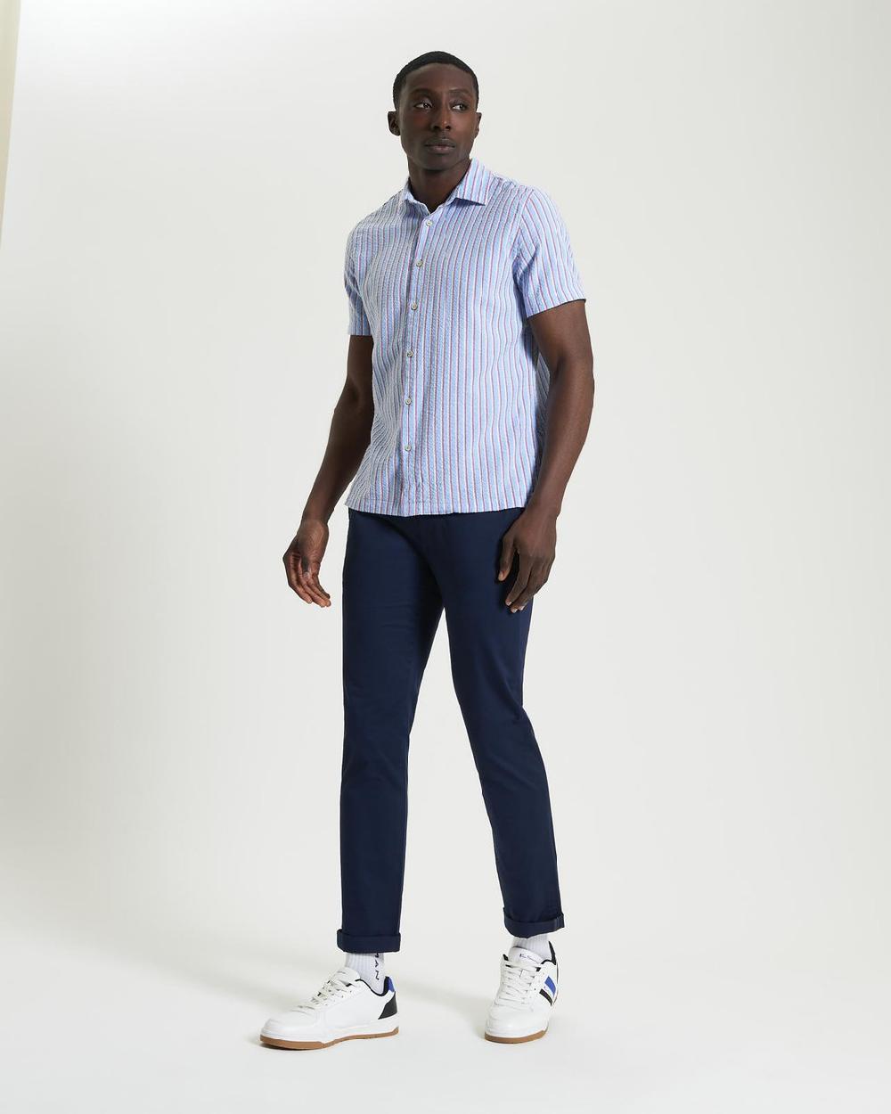 Ben Sherman Short Sleeve Seersucker Stripe Shirt In Glacier