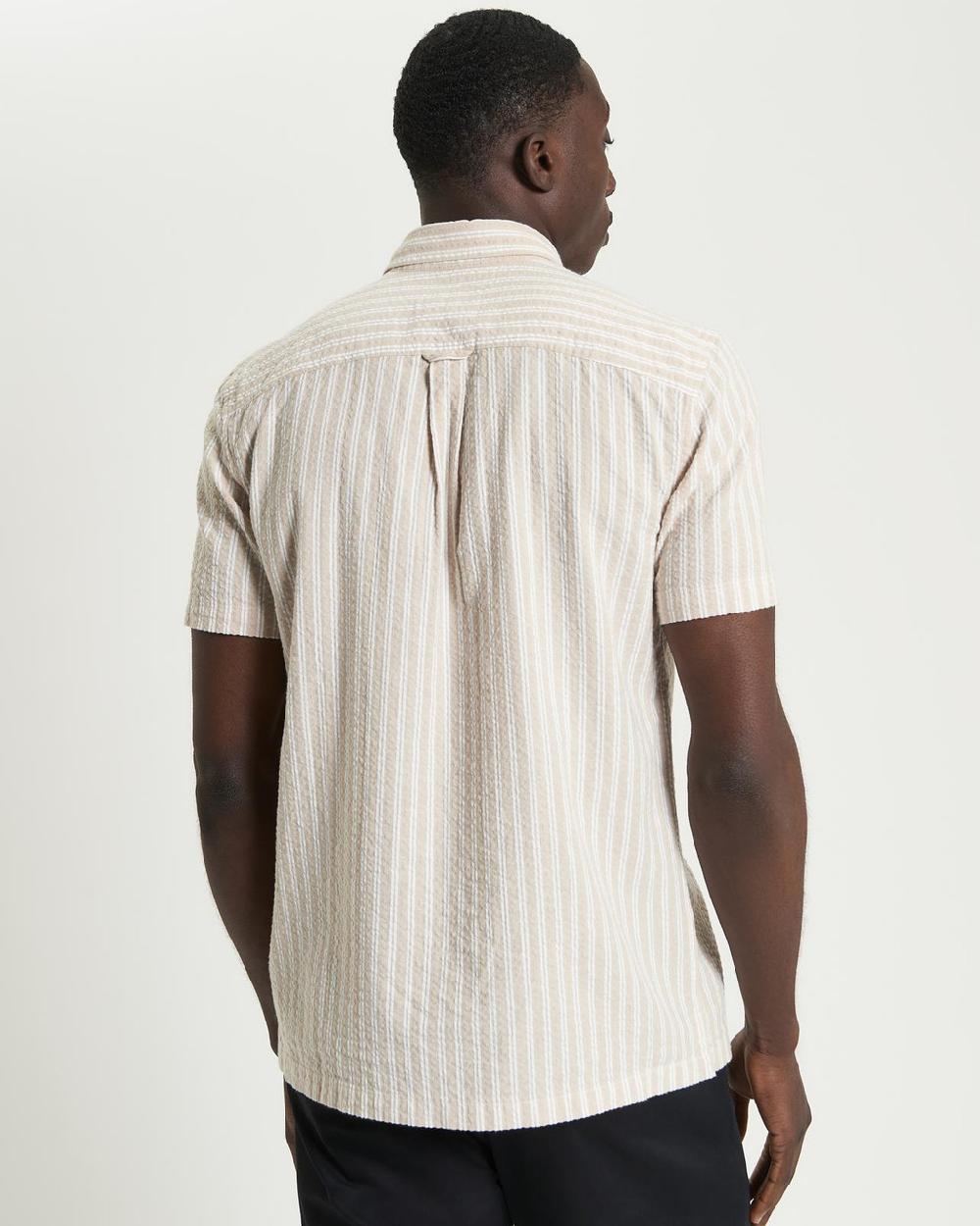 Ben Sherman Short Sleeve Seersucker Stripe Shirt In Sand