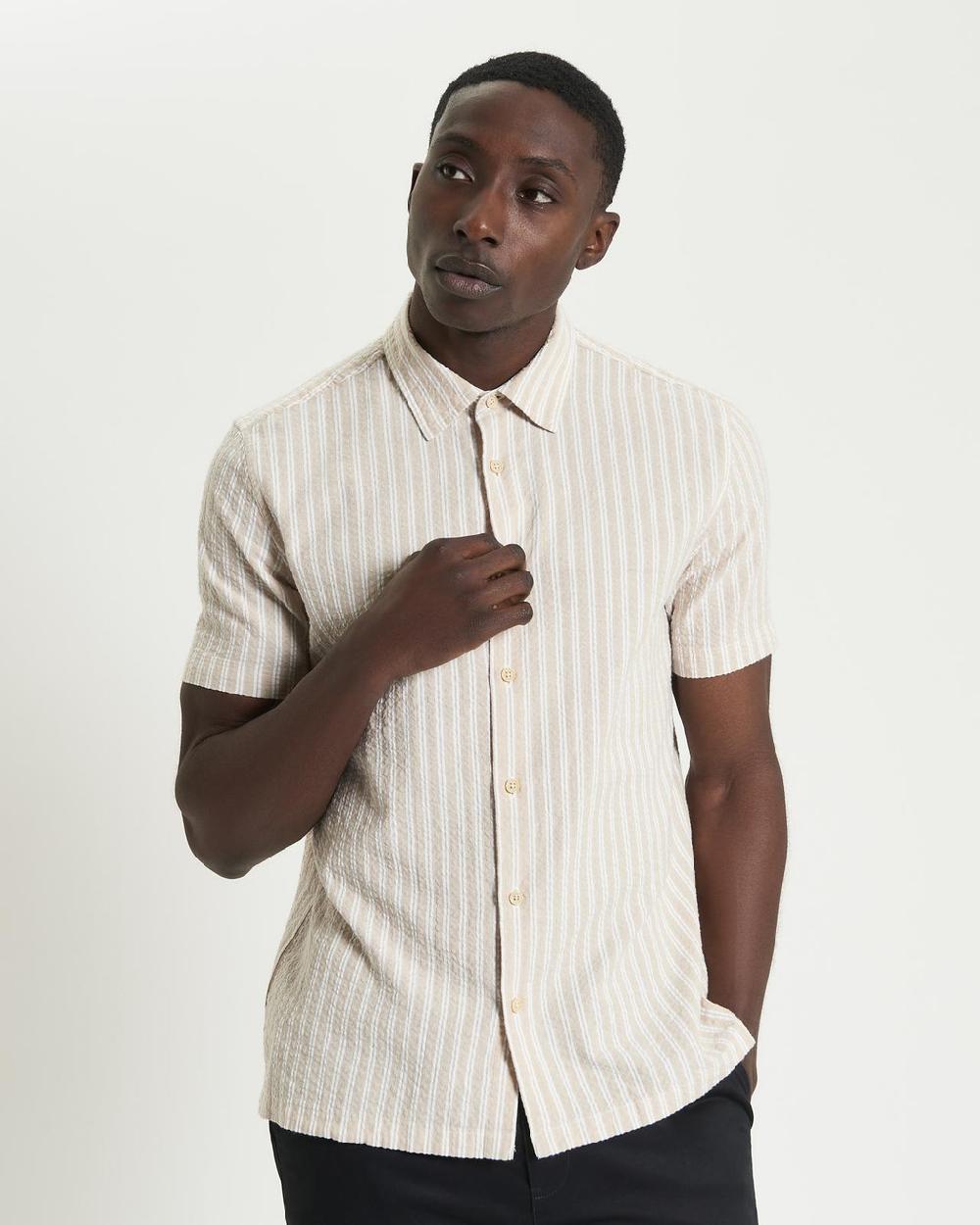 ben sherman Short Sleeve Seersucker Stripe Shirt in Sand
