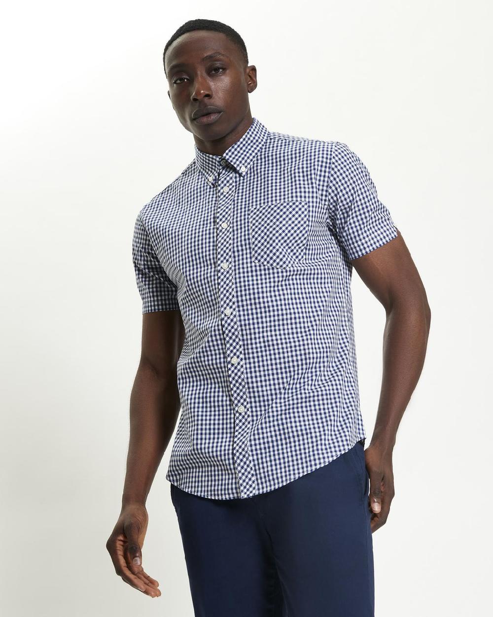 Ben Sherman Short Sleeve Signature Gingham Shirt In Dark Blue