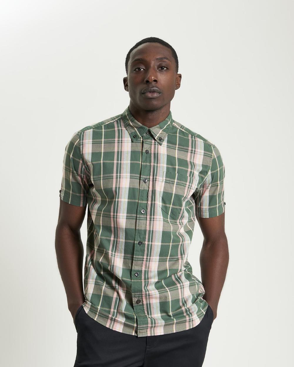 Ben Sherman Short Sleeve Slub Check Shirt In Deep Jungle